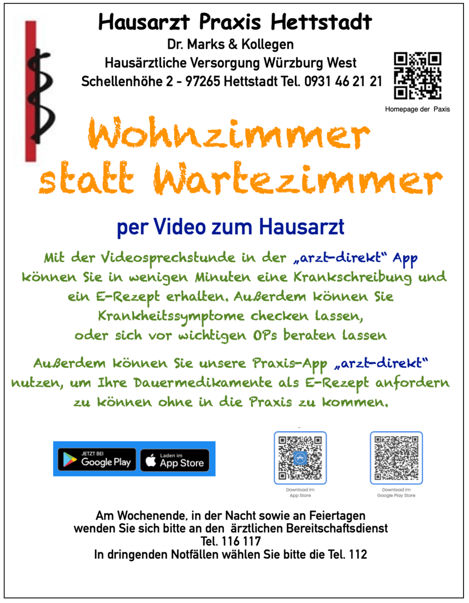 Informationsplakat der Hausarztpraxis Hettstadt mit Hinweis auf Wartezimmer-Video.